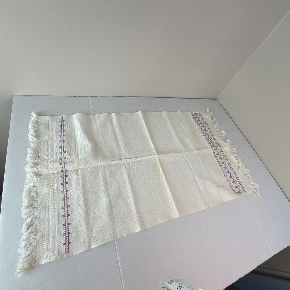Vintage Textured Linen Purple Embroidered Tea Towel with Fringe Cottagecore